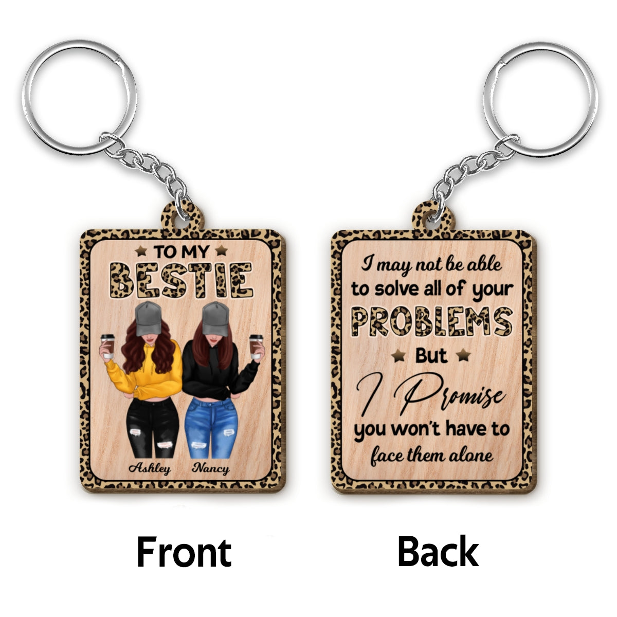 Leopard Front View Besties To My Bestie Personalized Wooden Keychain