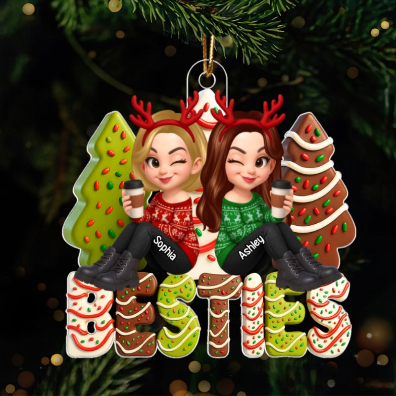 3D Effect Christmas Tree Cake Besties Sisters Personalized Acrylic Ornament, Christmas gift for Besties Sisters