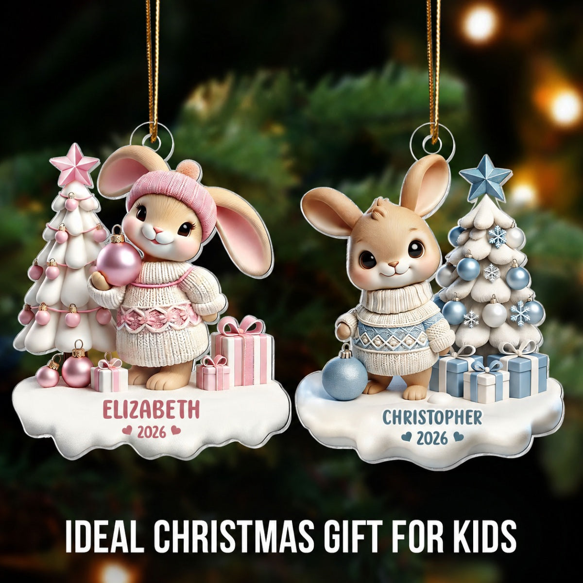 3D Effect Bunny Kid Girl Boy Christmas Personalized Acrylic Ornament, Christmas Gift For Son, Daughter, Grandson, Granddaughter, Children