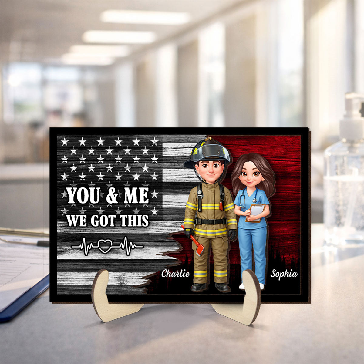 Custom Hero Couple Thin Red Line Nation Flag - Personalized 2-Layered Wooden Plaque - Heartfelt Gift for Him, for Her