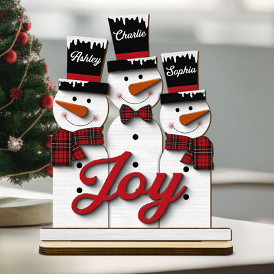 Joy Snowman Family Christmas Personalized 2-Layer Standing Wooden Plaque, Christmas Decoration, Tiered Tray Decor