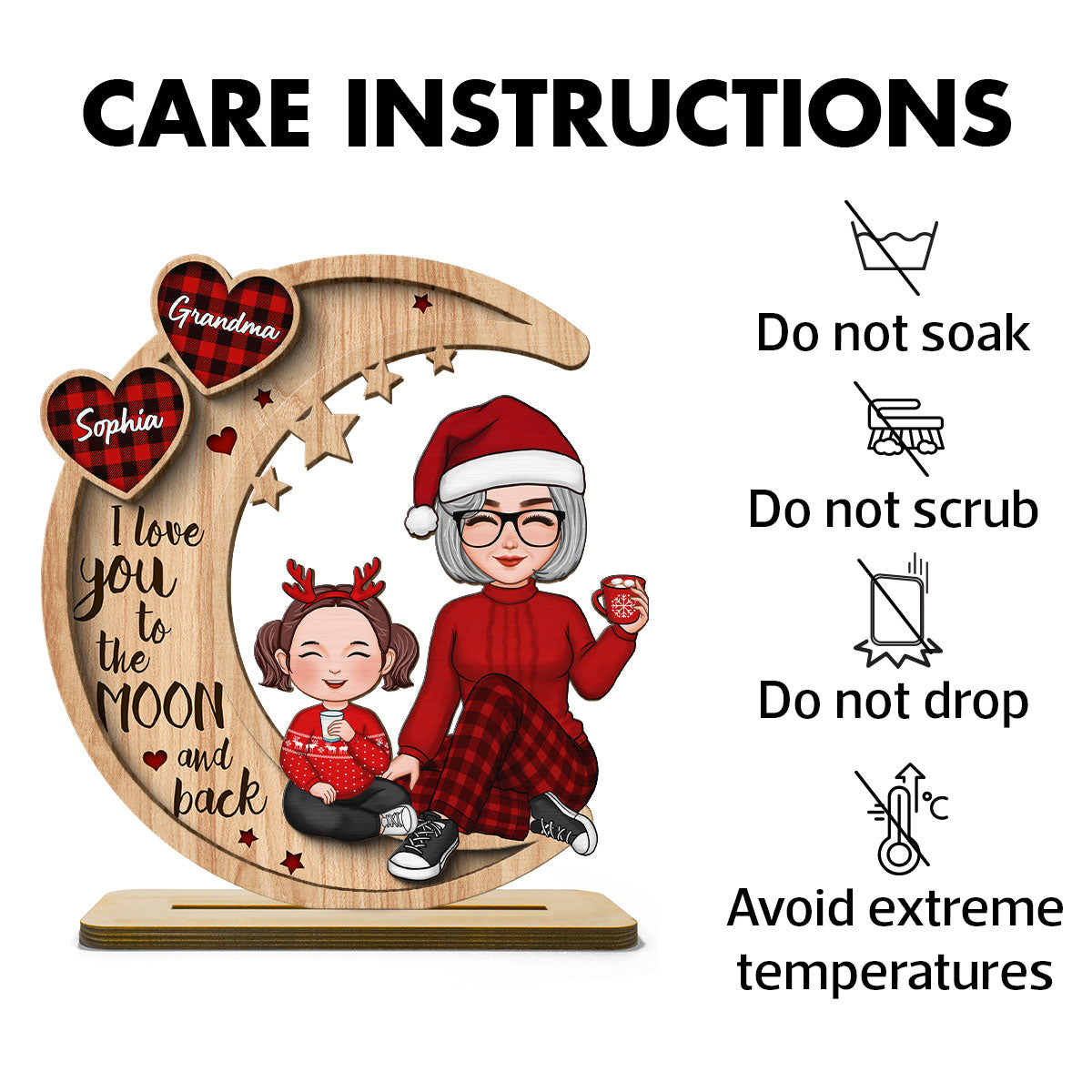 Checkered Pattern Heart Cute Grandma Grandkids Sitting On Moon Christmas Personalized 2-Layer Standing Wooden Plaque