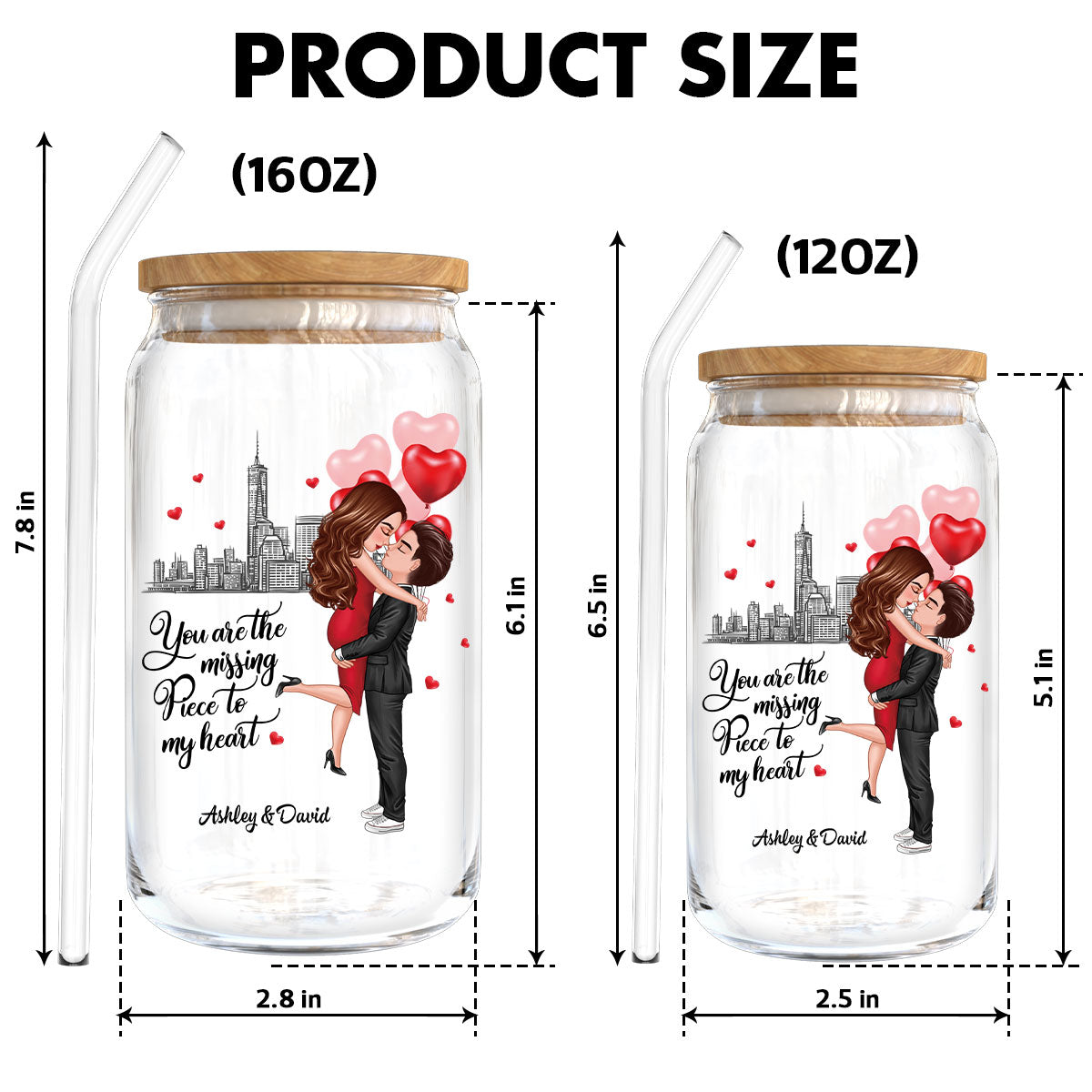 Couple Hugging Kissing You‘re The Missing Piece To My Heart Personalized Clear Glass Can