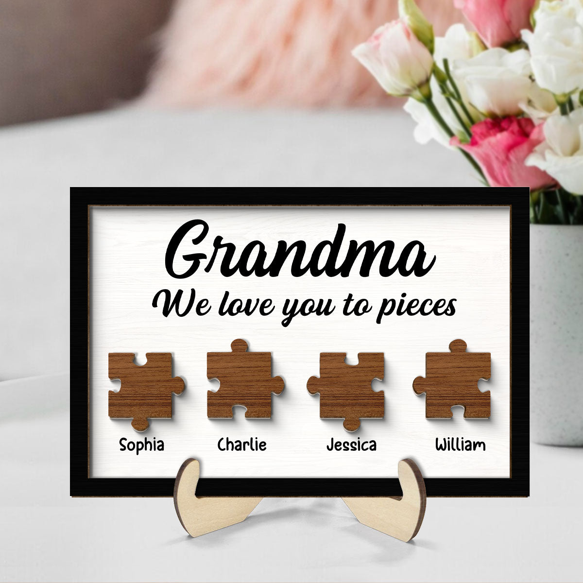 Mom Grandma We Love You To Pieces Kids Names Personalized 2-Layer Wooden Plaque