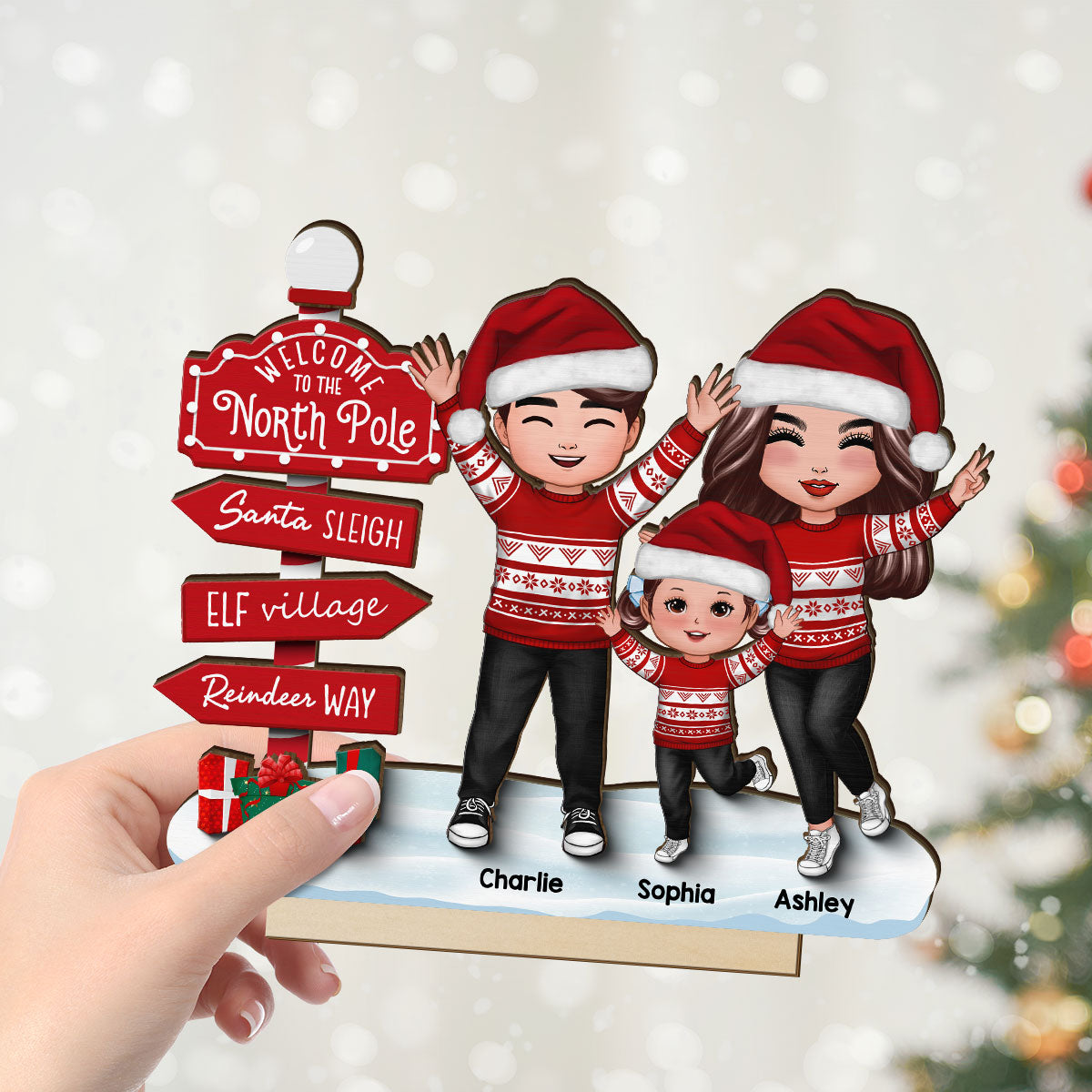 Happy Family With Christmas North Pole Sign Personalized 2-Layer Standing Wooden Plaque, Christmas Decoration