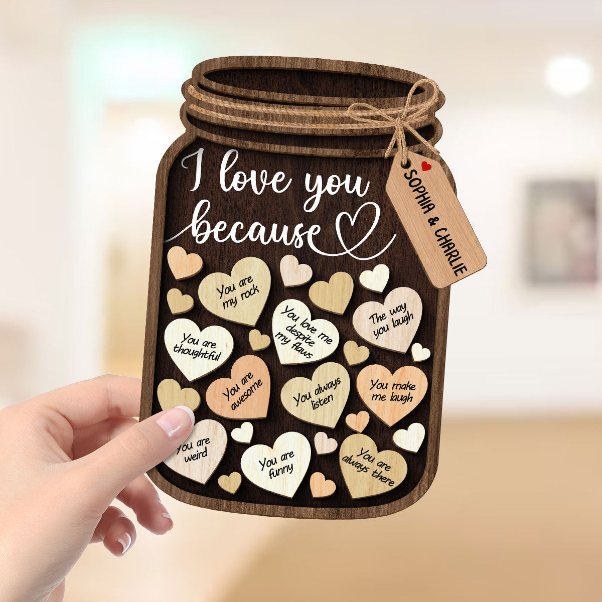 Couple I Love You Because Hearts In Mason Jar Personalized 2-Layer Wooden Plaque