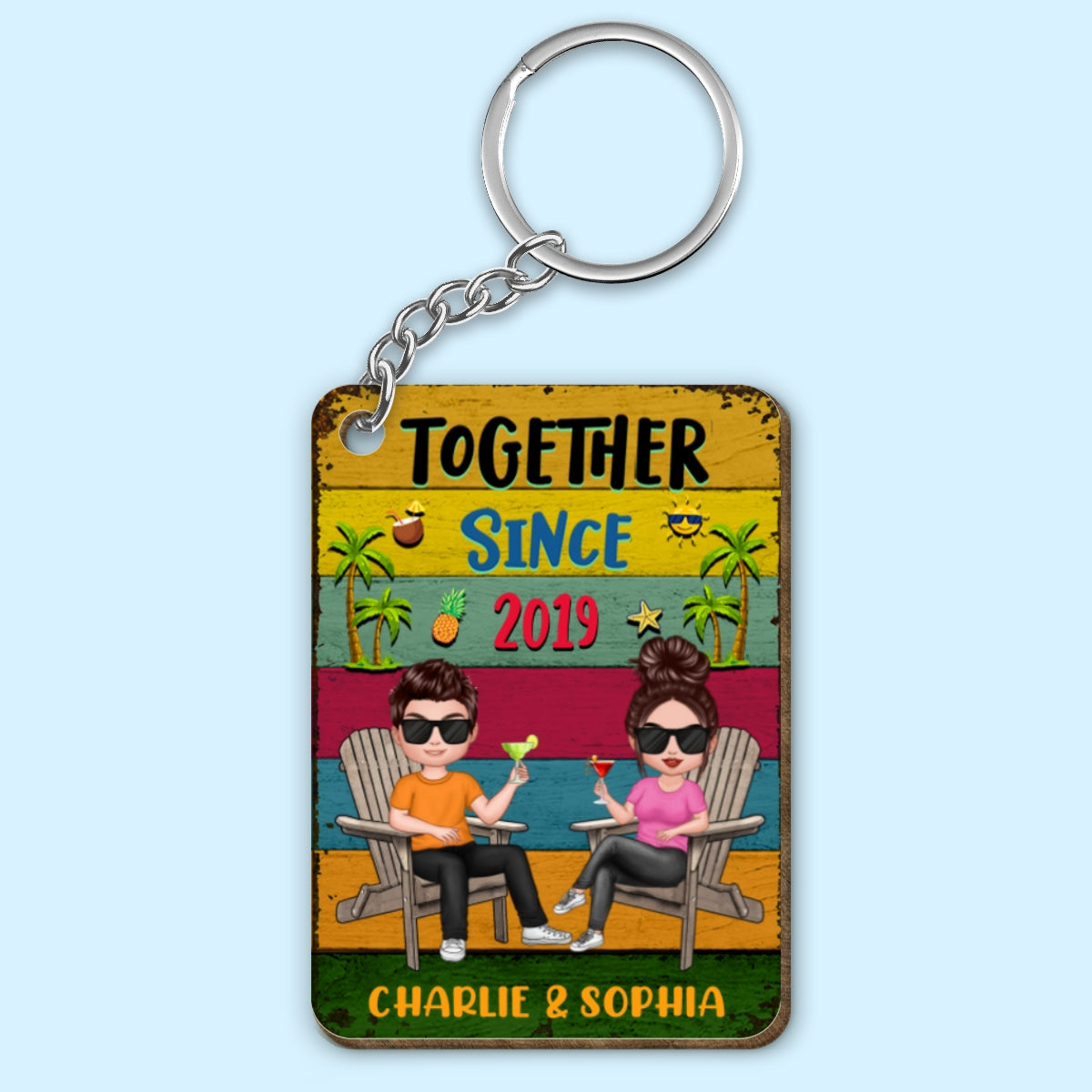 Colorful Plank Summer Couple Personalized Wooden Keychain