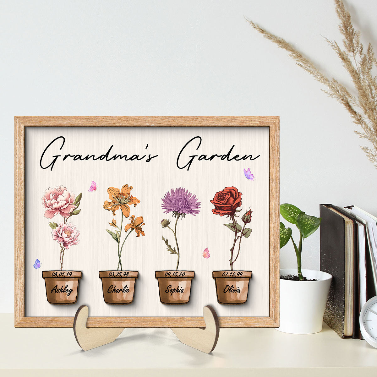 Grandma Garden Vintage Birth Month Flowers Pots Mother‘s Day Gift Personalized 2-Layer Wooden Plaque