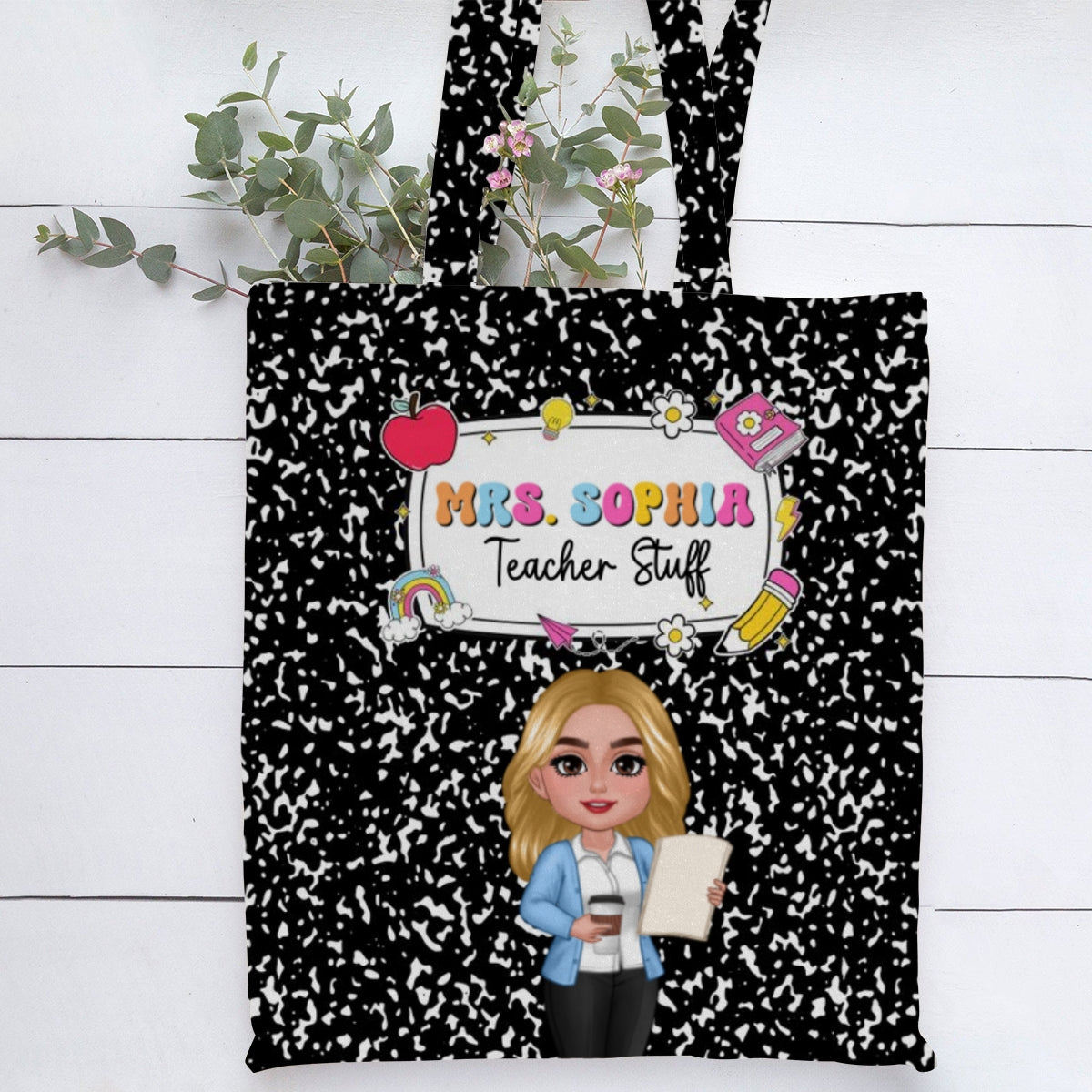 Teacher Composition Book Pattern Personalized Tote Bag, Back To School Gift For Teacher