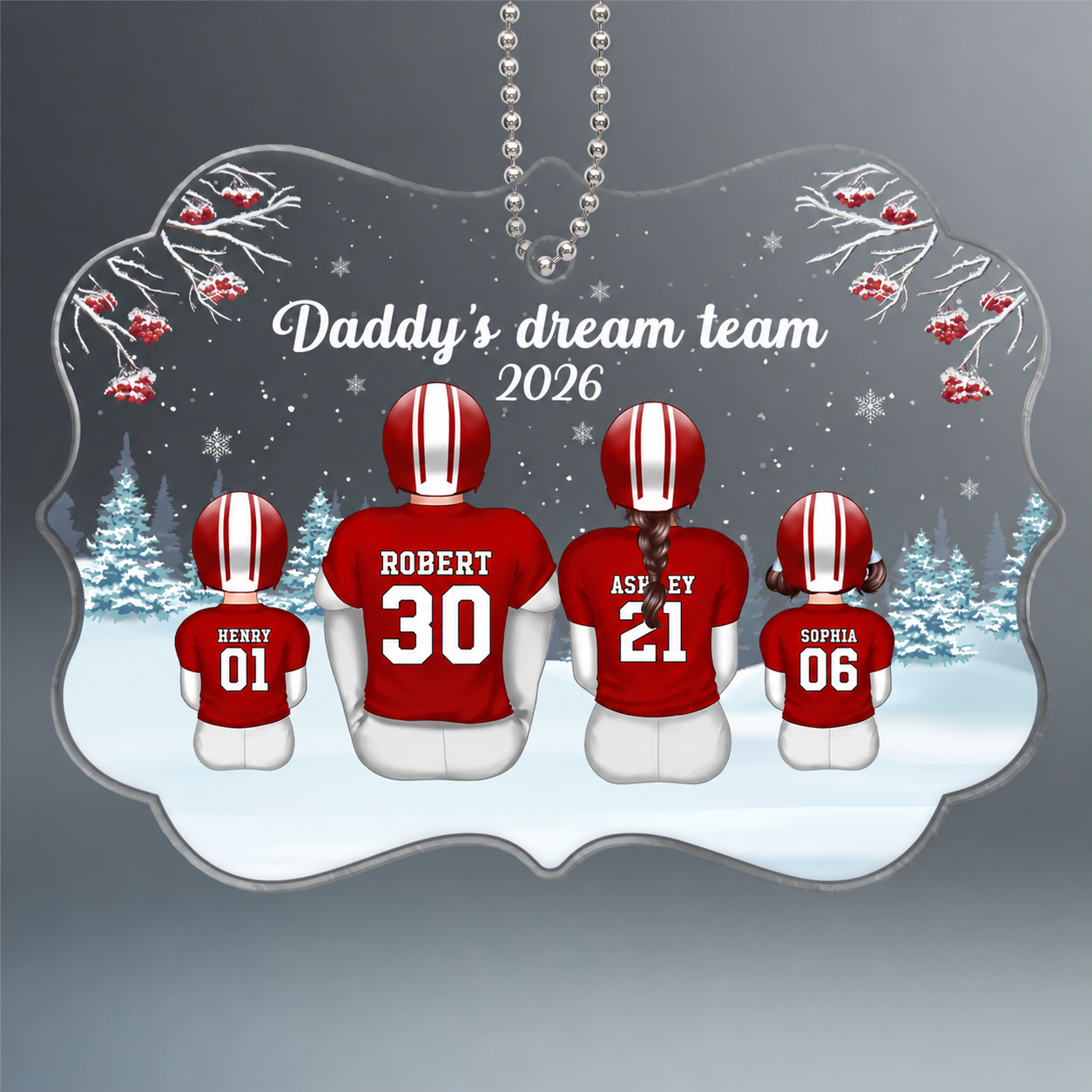 Football Family Sitting In Snow Personalized Acrylic Ornament, Christmas Gift