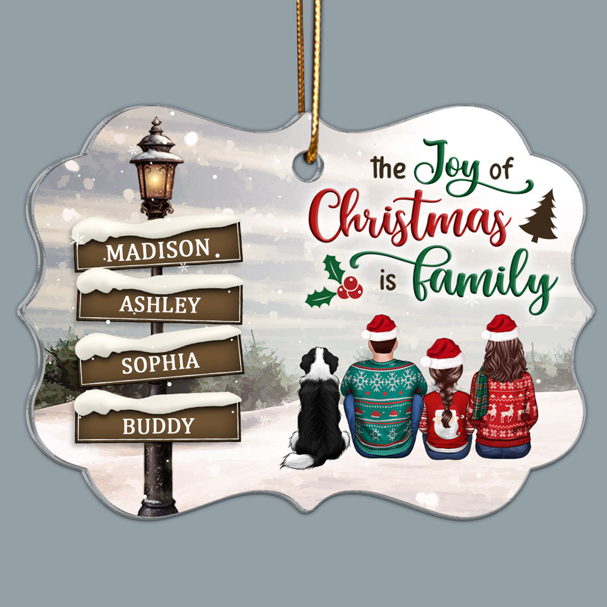 Family Back View Sitting Christmas Lamp Post Personalized Acrylic Ornament, Christmas Gift For Family