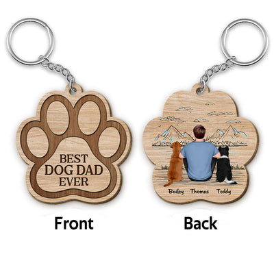 No. 1 Dog Dad Back View Sitting Man & Dog Personalized Paw Shaped Wooden Keychain