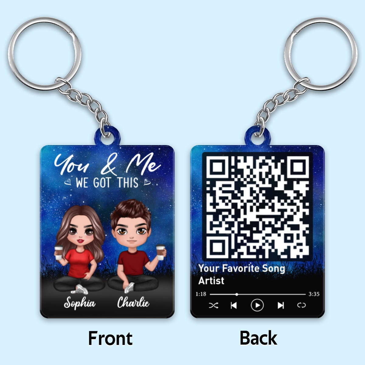 Doll Couple Sitting Under Starry Night Favorite Song QR Code Personalized Acrylic Keychain