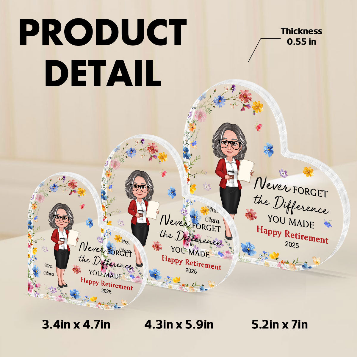 Never Forget The Difference You've Made, Personalized Heart Acrylic Plaque for Teacher, Retirement Gift for Teacher, Teacher Appreciation