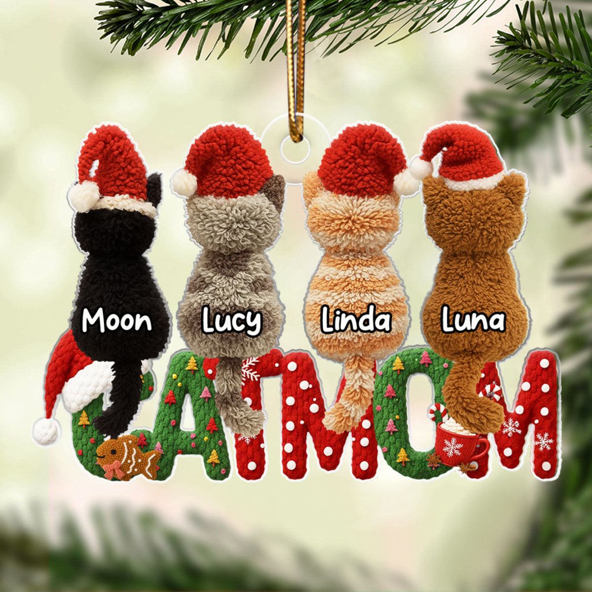 2025 Cat Lovers Latch Hook Yarn Faux - Personalized Acrylic Ornament - Christmas Gift for Cat Moms, Cat Dads