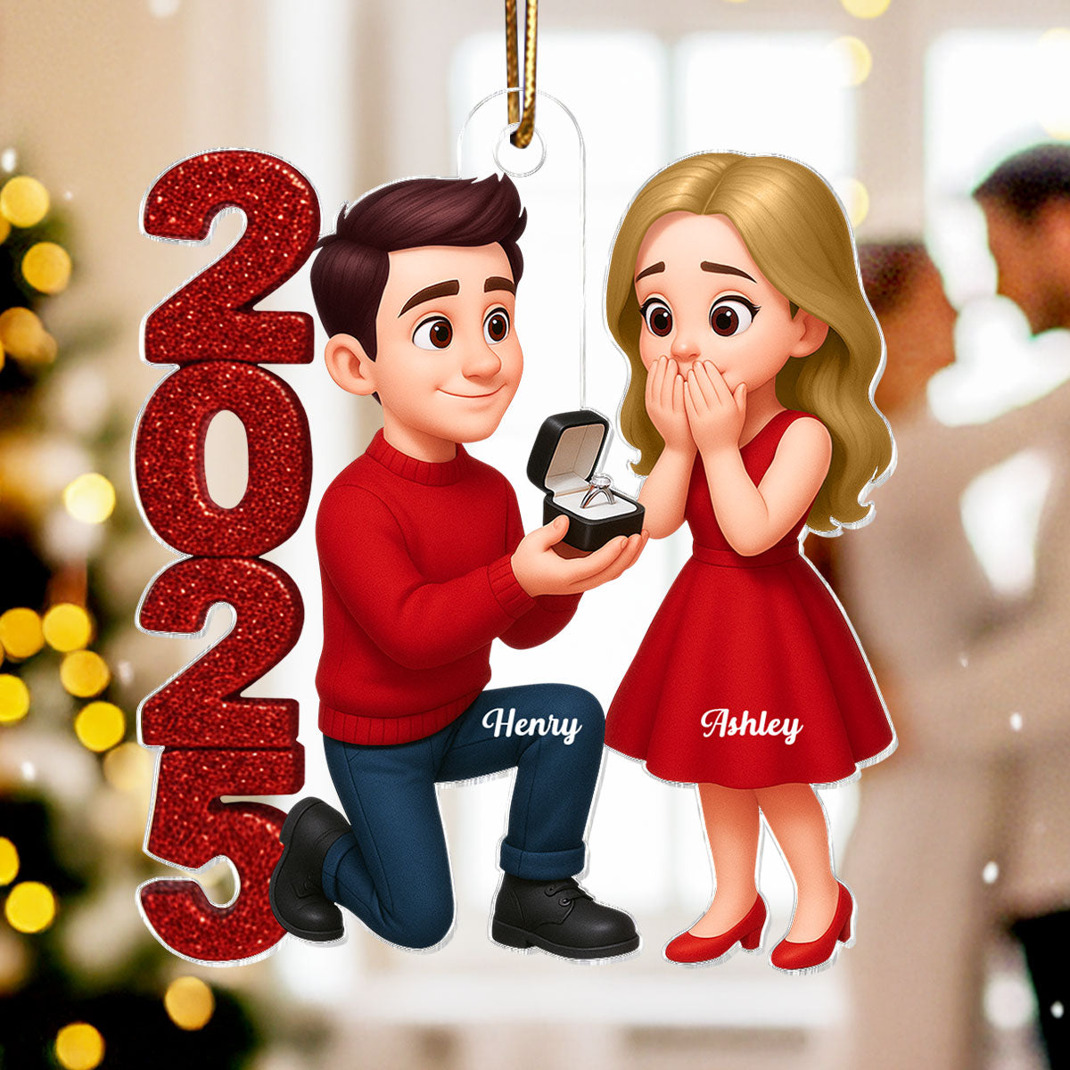 3D Glitter Effect 2025 Marriage Proposal Couple - Personalized Acrylic Ornament - Newly Engaged Gift, "She Said Yes!" Ornament