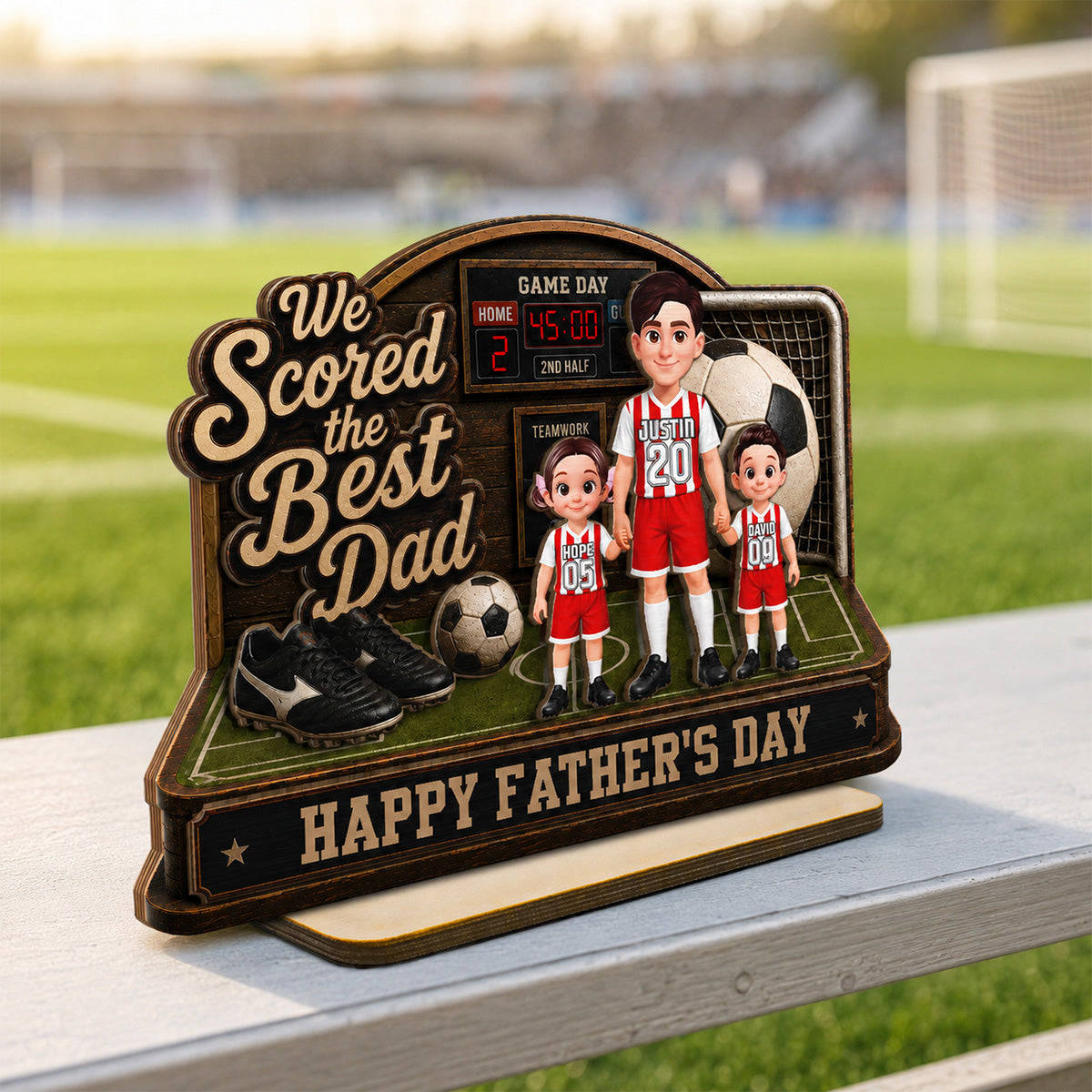 Soccer Dad & Kids On Court 2D Flat - Personalized 2-Layered Wooden Plaque - Father's Day Gift For Soccer Dad, UK Football Dad