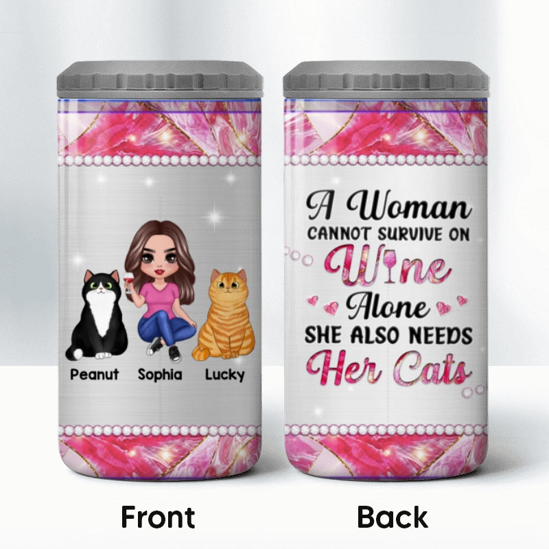 Cat Mom Cannot Survive On Wine Alone Multi Use Tumbler - Personalized 4 In 1 Can Cooler - Gift For Cat Moms