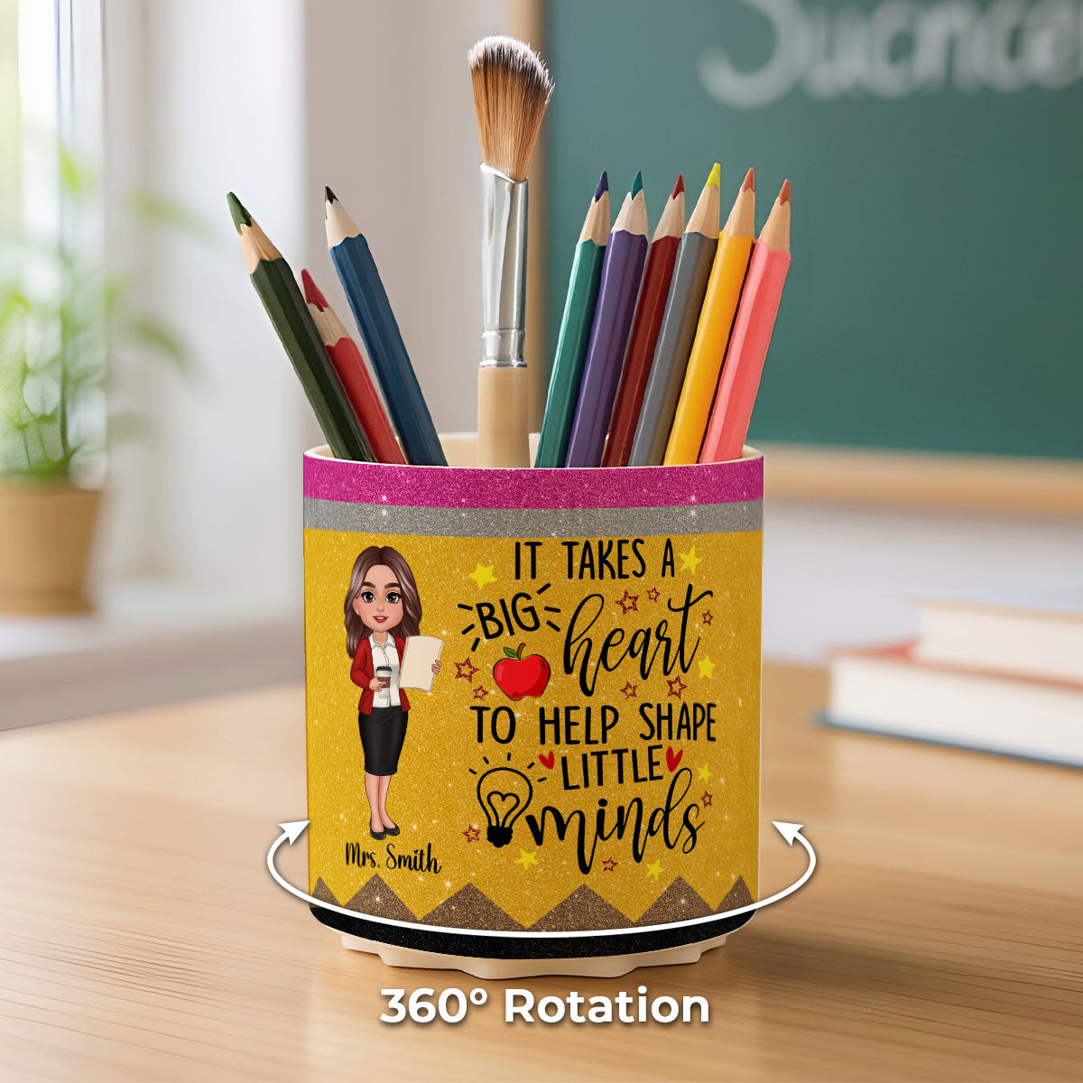 It Takes A Big Heart to Help Shape Little Minds Personalized Rotating Pen Holder, Teacher Appreciation Gift, Back To School Gift