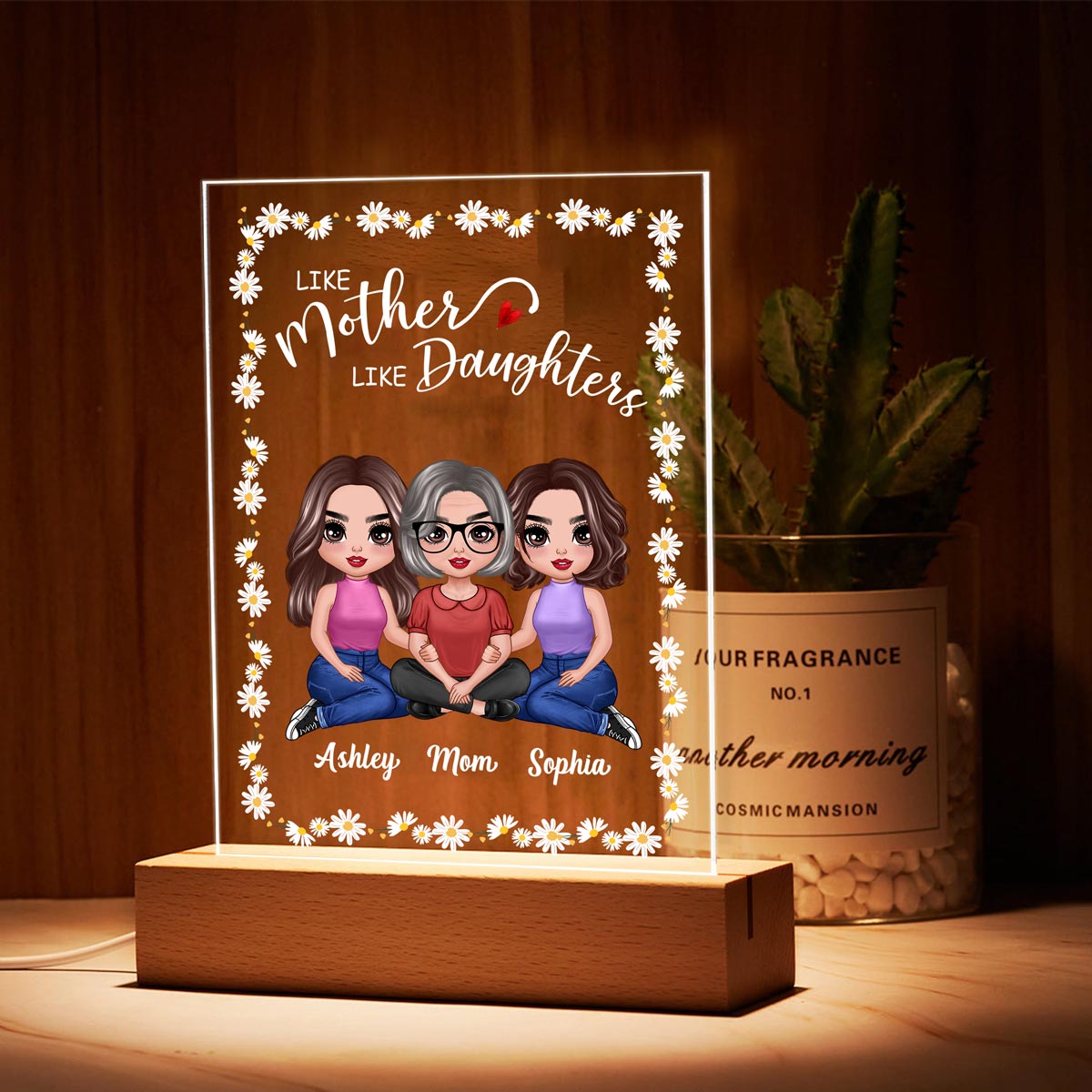 Daisy Flower Frame Embracing Doll Mom Daughters Sitting Like Mother Like Daughter Personalized Rectangle Acrylic Plaque LED Night Light