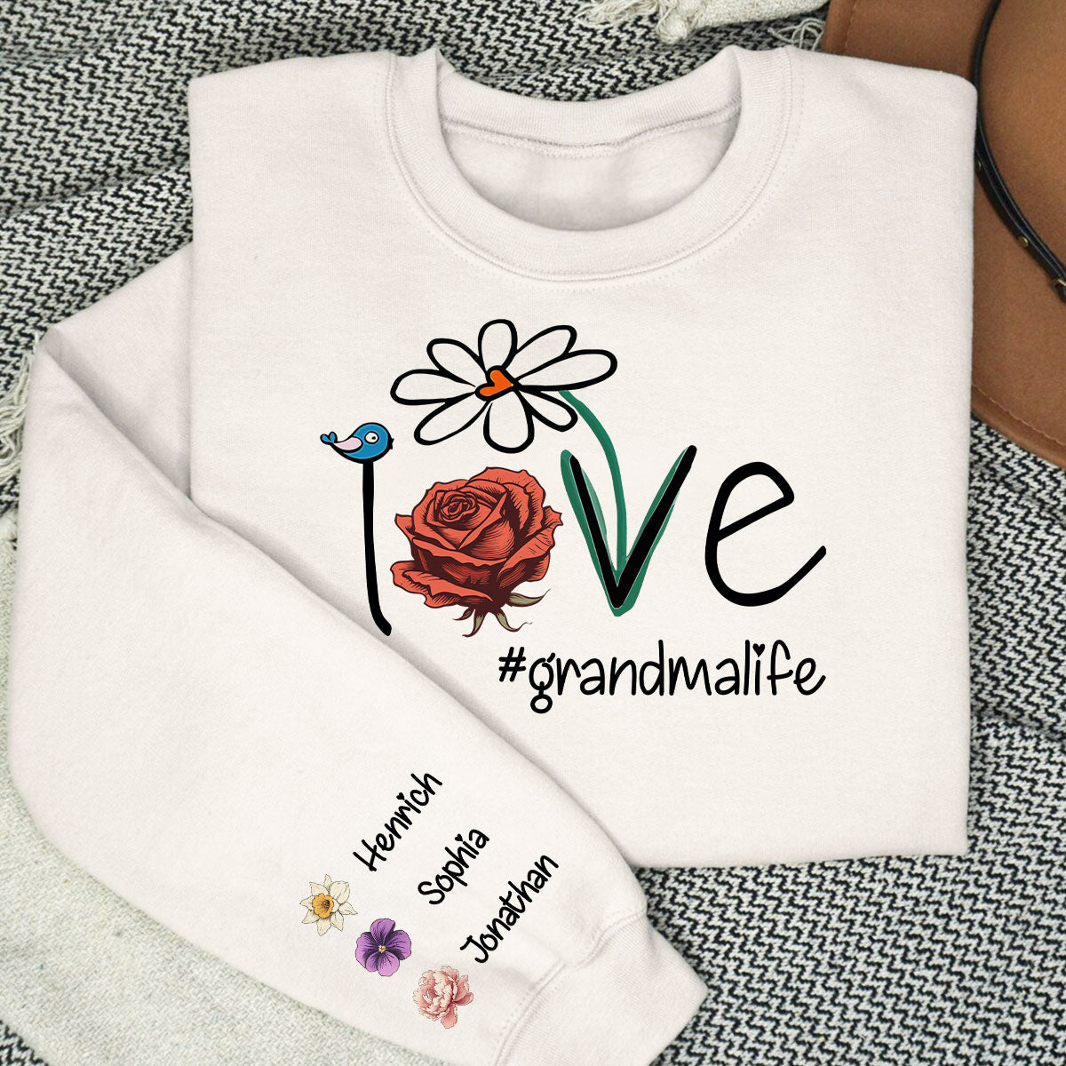 Love Grandma Life Mom Life Birth Month Flowers Personalized Sleeve Printed Sweatshirt, Mother's day gift for Moms, for Grandmas