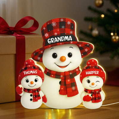 Christmas Checkered Pattern Grandma Grandkids Snowman Together - Personalized Light Box - Gift For Grandmas