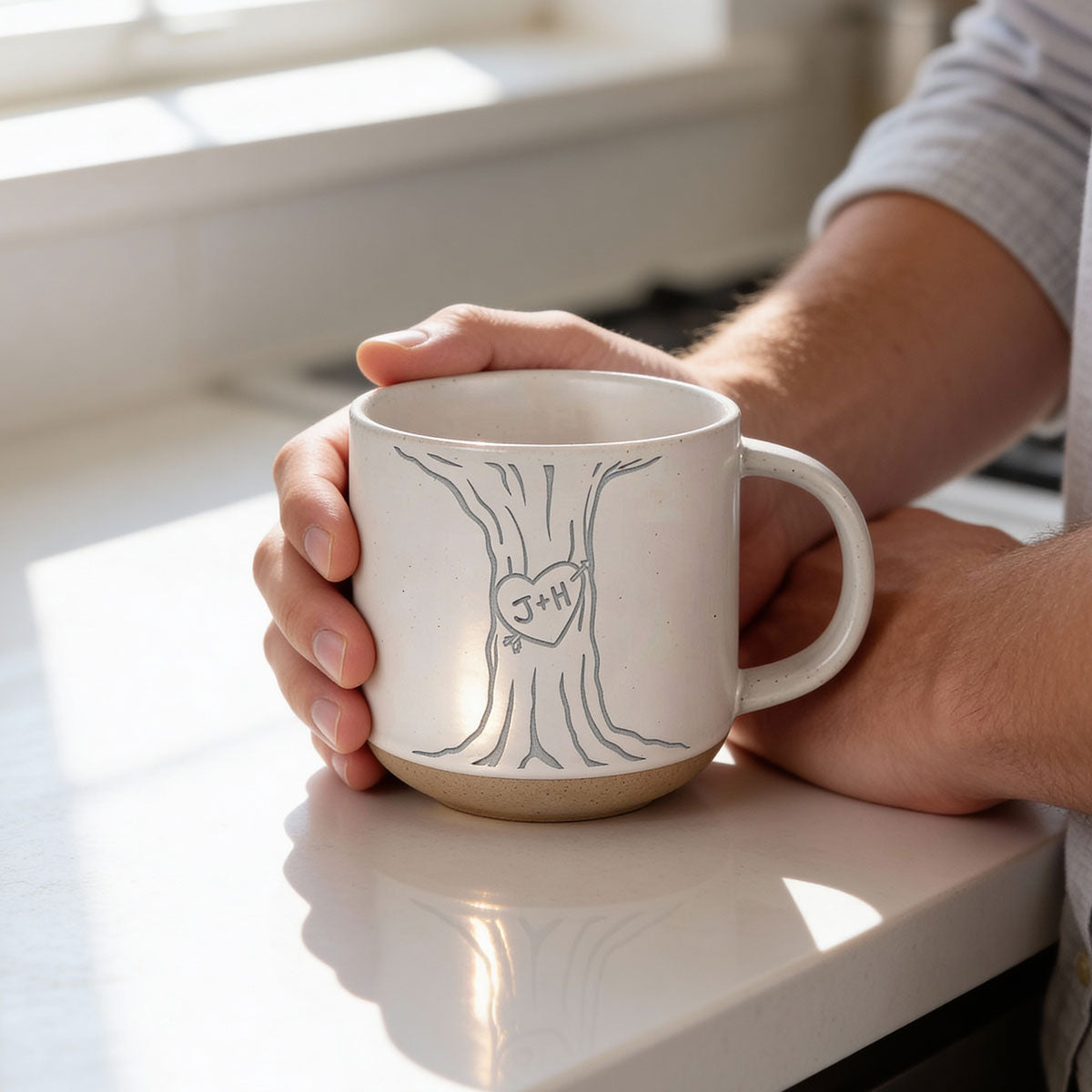 Couple Name Initials Engraved In A Heart Tree - Personalized Pottery Mug - Valentine's Day, Anniversary, Engagement Gift