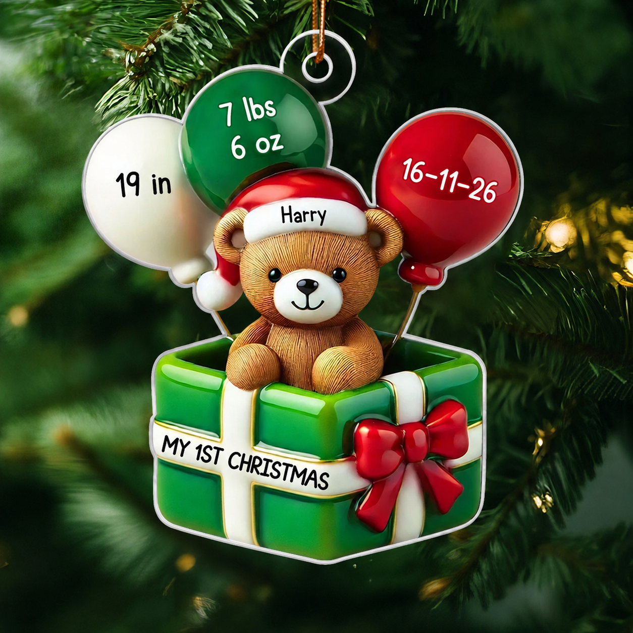 3D Effect Teddy Bear Baby First Christmas Personalized Acrylic Ornament, Newborn Christmas Gift
