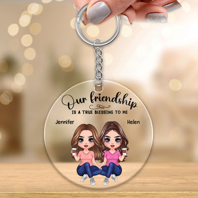 Our Friendship Is True Blessing Pretty Besties Sisters Sitting Personalized Acrylic Keychain