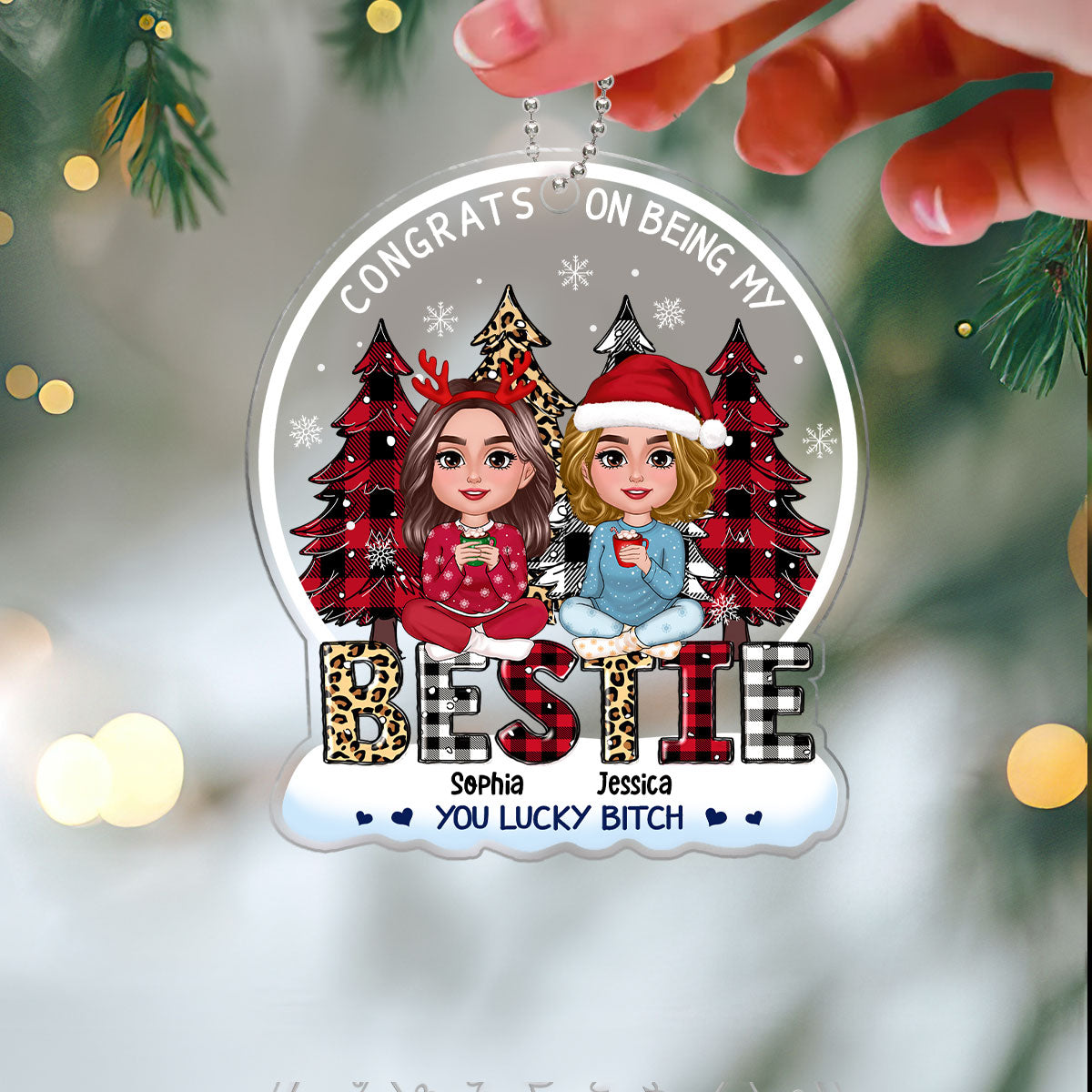Congrats On Being My Besties Sisters Leopard Checkered Pattern Christmas Tree Personalized Acrylic Ornament