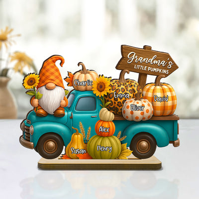 Fall Gnomes Truck Grandma's Pumpkin Personalized Standing Wooden Plaque, Cozy Fall Decor for Grandma