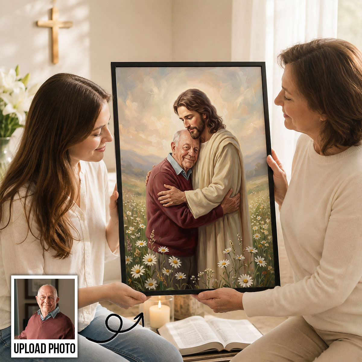 Safe in His Arms Photo Upload - Personalized Posters - Wall Decor, Christian Home Decor for Living, Prayer Room