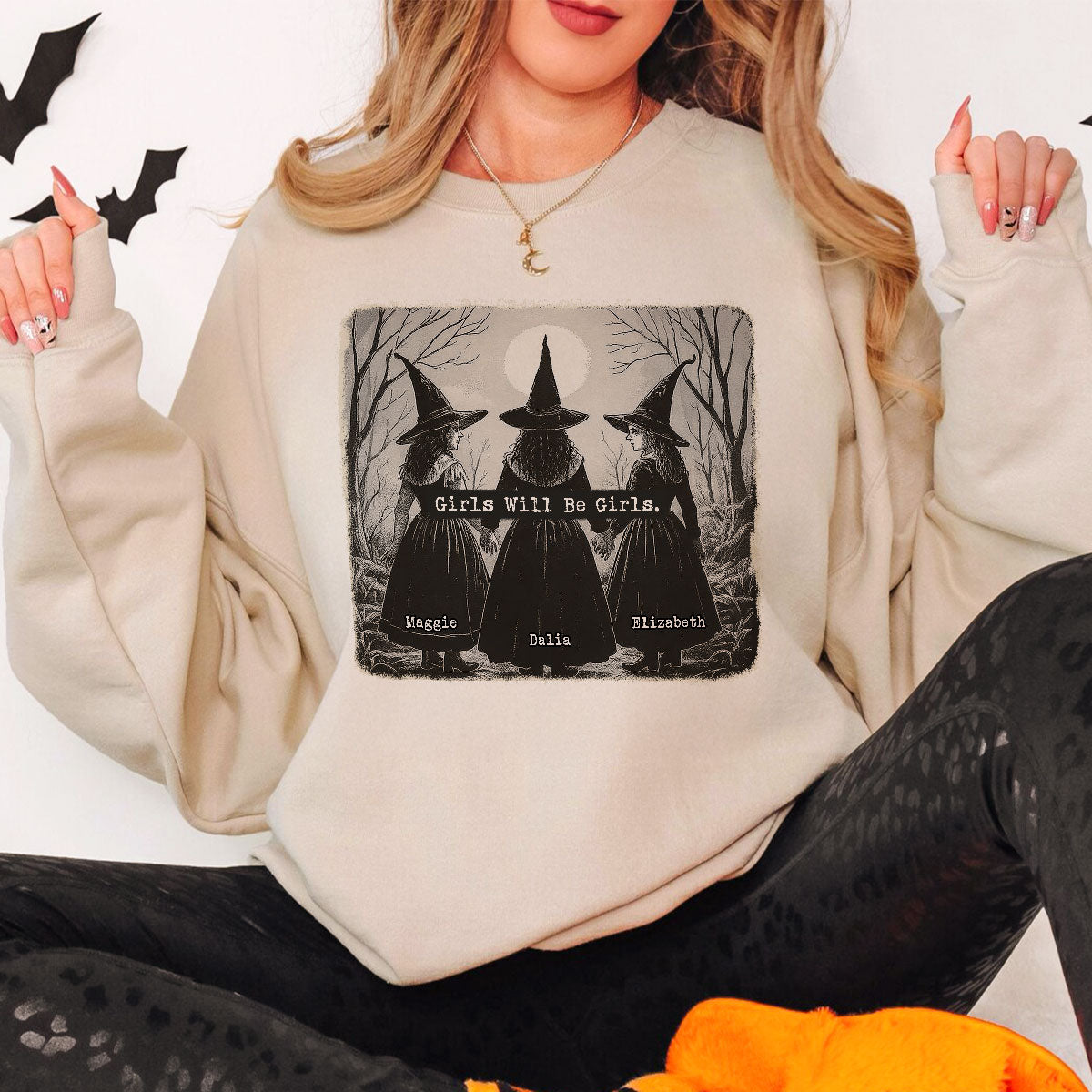 Vintage Witch Girls Will Be Girls Personalized Sweatshirt, Halloween Party Matching Shirt