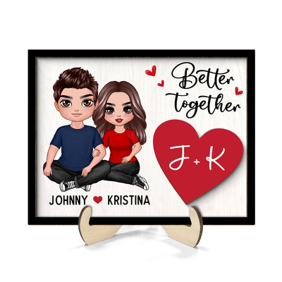Couple Sitting Embracing Initial Names Valentine‘s Day Gift For Him For Her Personalized 2-Layer Wooden Plaque