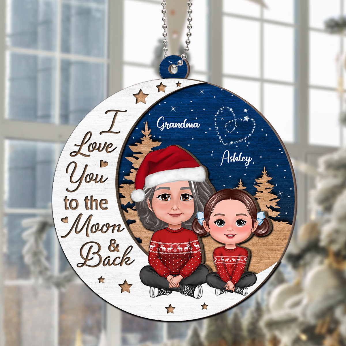 Grandma Grandkid Love You To Moon And Back Christmas Personalized 2-Layer Wooden Ornament