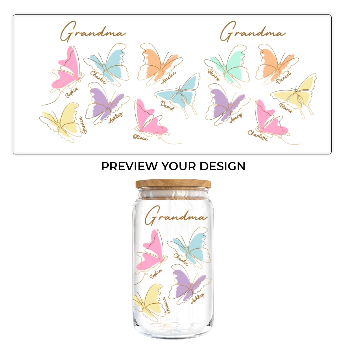 Grandma Mom Auntie Butterflies Kids Names Personalized Clear Glass Can