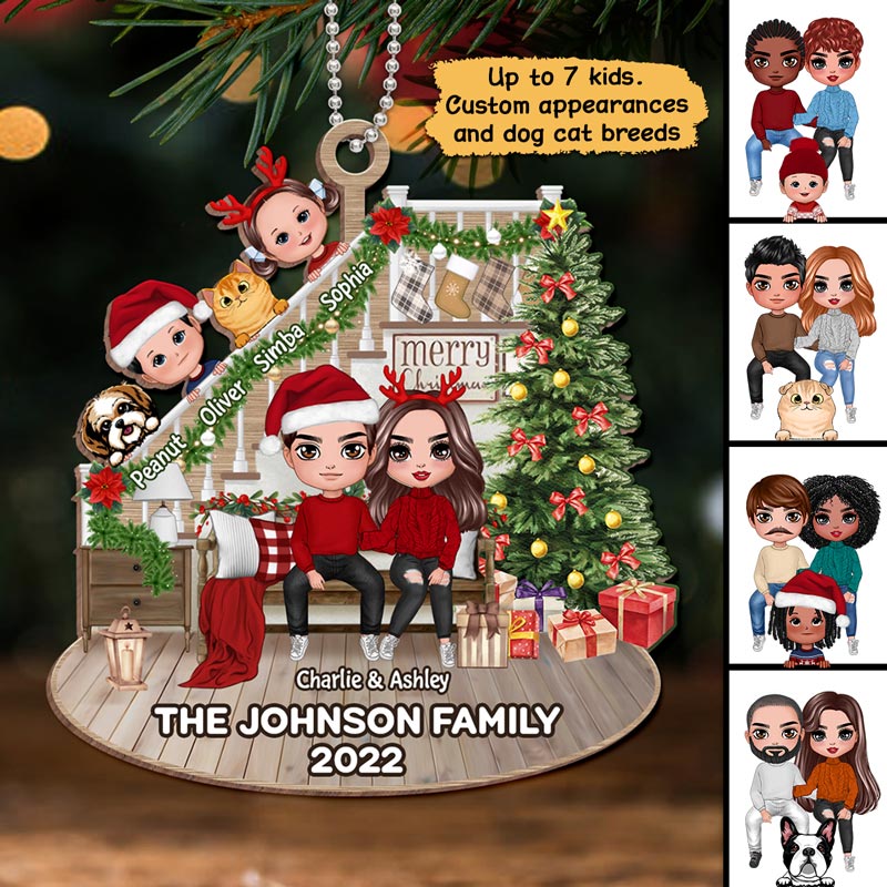 Family Sitting Chin On Hands Stairs Christmas Personalized Wooden Ornament