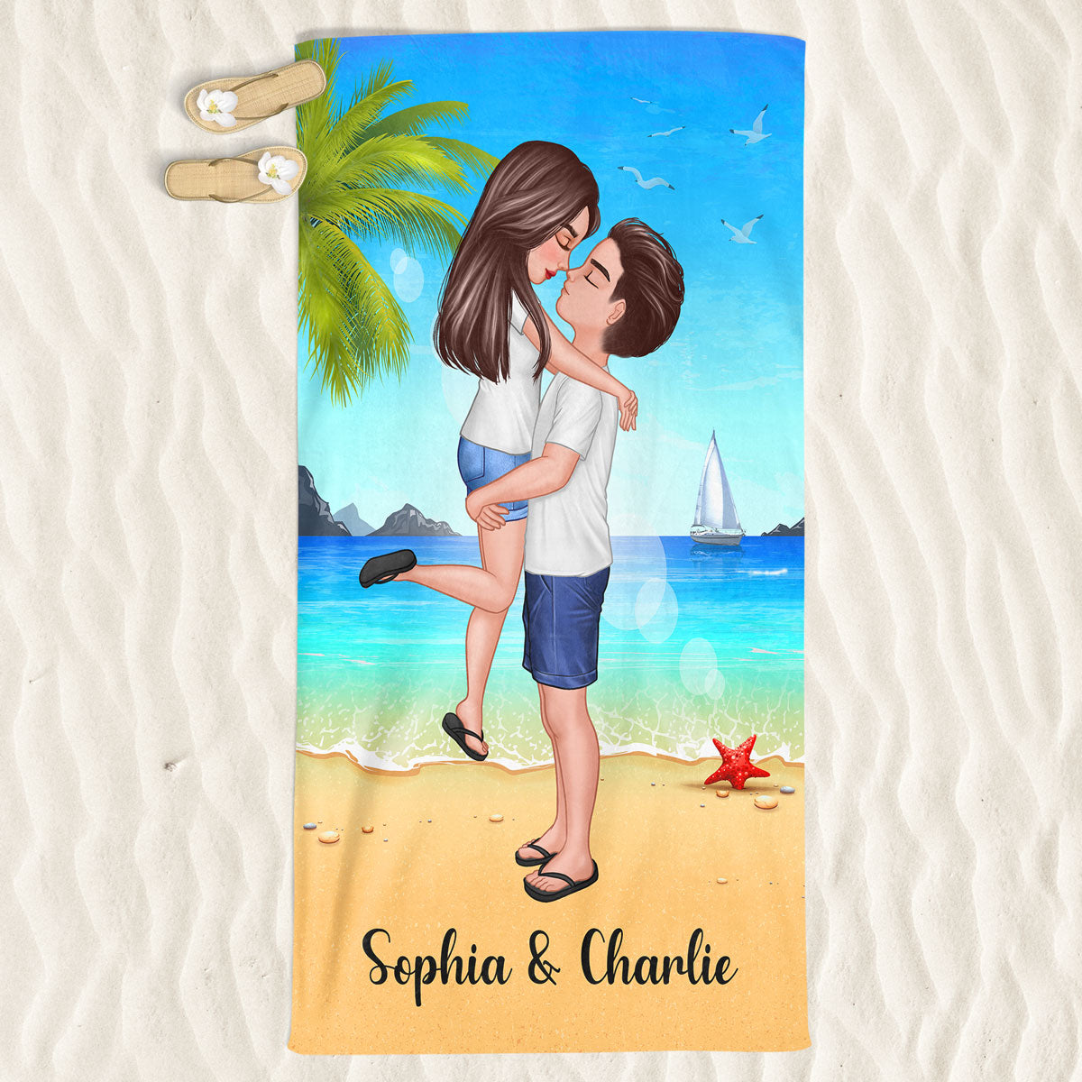 Summer Doll Couple Kissing Hugging On The Beach Personalized Beach Towel