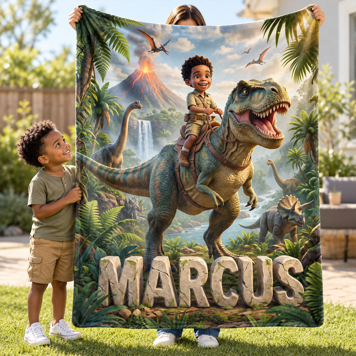 Kid Riding Dinosaur Custom Portrait from Photo - Personalized Fleece Blanket - Christmas Gift for Son, Daughter, Grandkids