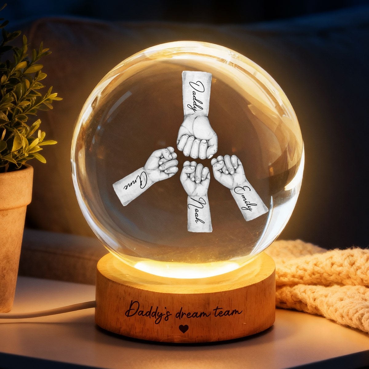 Daddy's Dream Team - Personalized Crystal Ball LED Night Light - Father's Day Gift for Dad, Husband