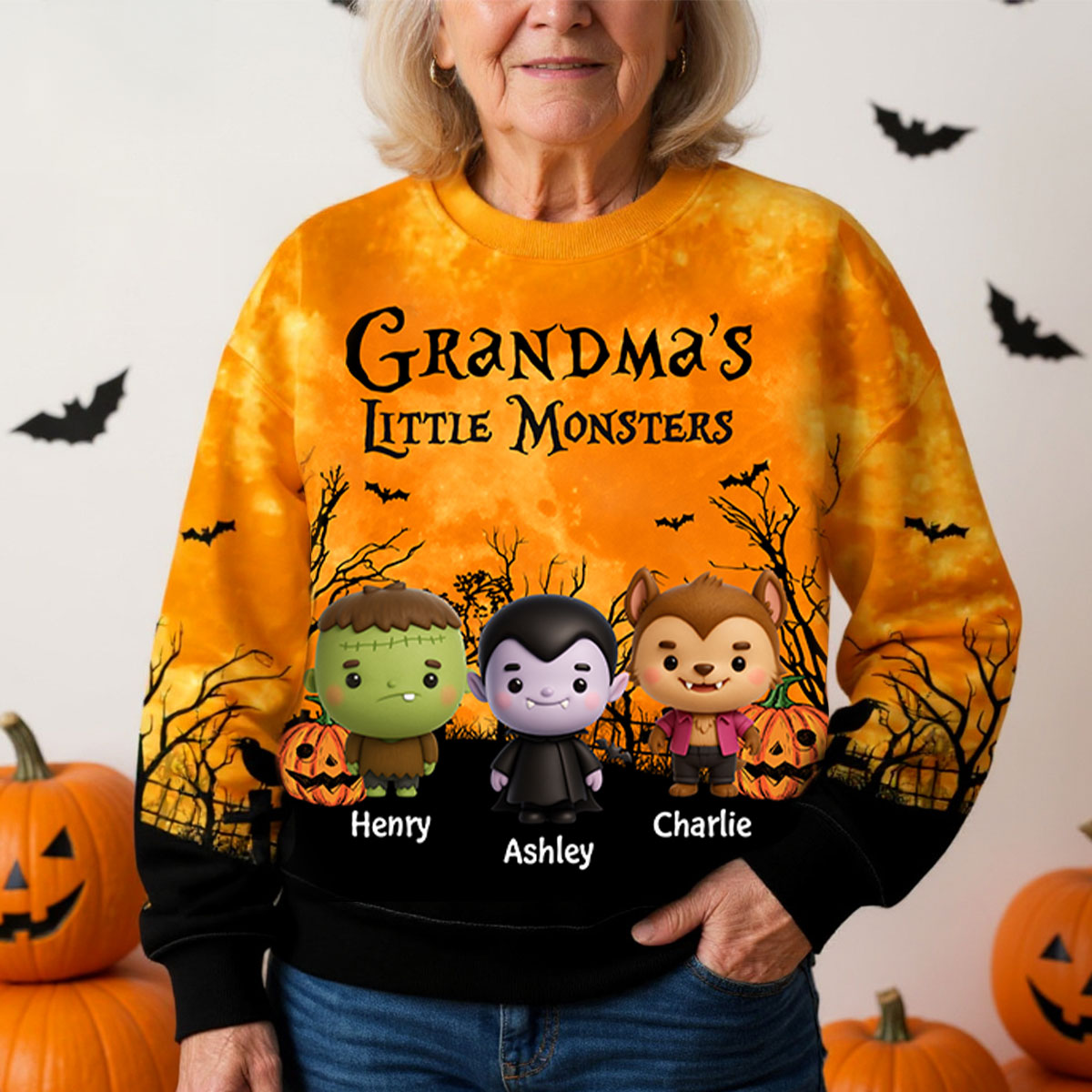 Grandma Mom Little Monsters Halloween Moon Light Bat Tree Personalized 3D Sweat Shirt, Purrfect Costume for Grandma