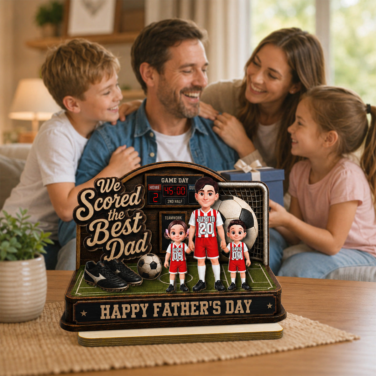 Soccer Dad & Kids On Court 2D Flat - Personalized 2-Layered Wooden Plaque - Father's Day Gift For Soccer Dad, UK Football Dad