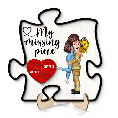 My Missing Piece Couple Hugging Kissing Valentine‘s Day Gifts by Occupation Gift For Her Gift For Him Firefighter, Nurse, Police Officer Personalized Puzzle Shaped 2-Layer Wooden Plaque