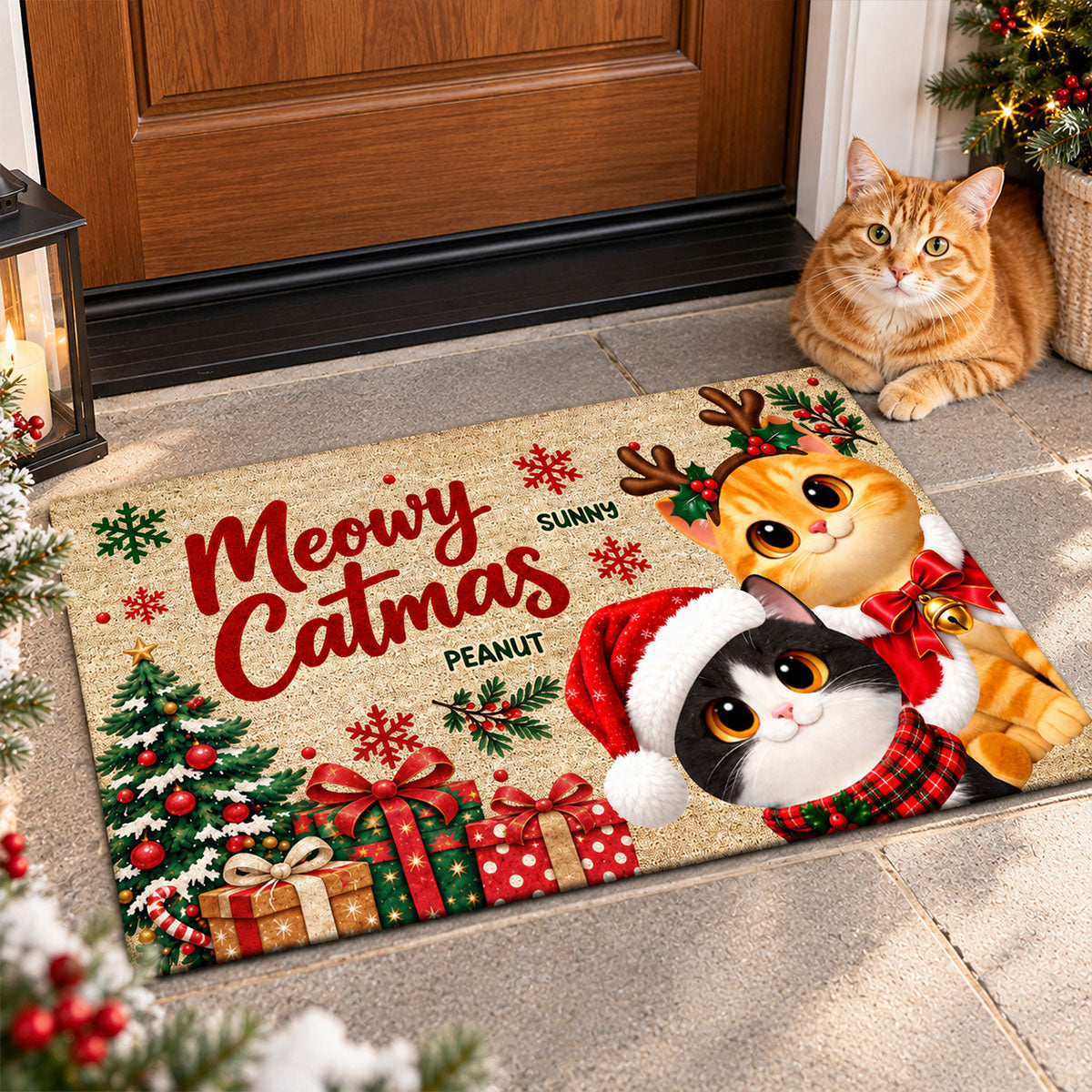 Festive Christmas Meowy Catmas Cute Cats - Personalized Doormat - Christmas Gift For Cat Lovers, Christmas Decor