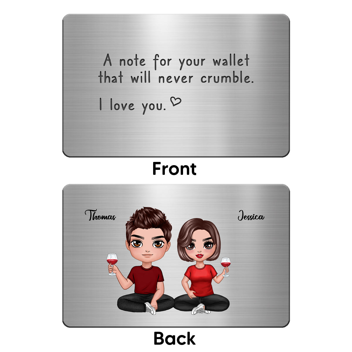 My Love Will Never Crumble Custom Message Doll Couple Sitting Personalized Metal Wallet Card