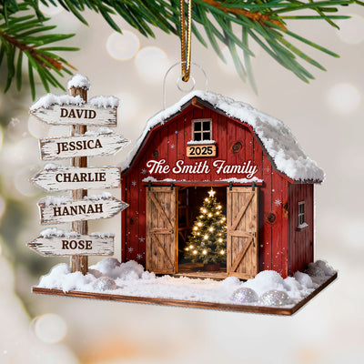 3D Effect Christmas Flat Nostalgia Barn House Family Sign Posts - Personalized Acrylic Ornament - Gift For Family, Farmhouse Decor