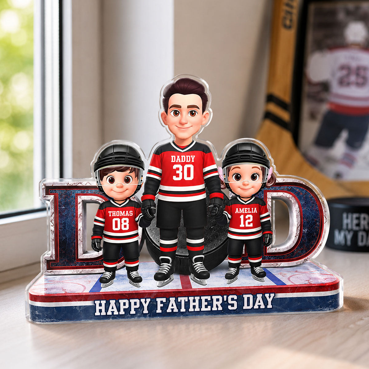 Hockey Dad And Kids Together Front View - Personalized Acrylic Block Plaque - Father's Day Gift For Dad, Husband