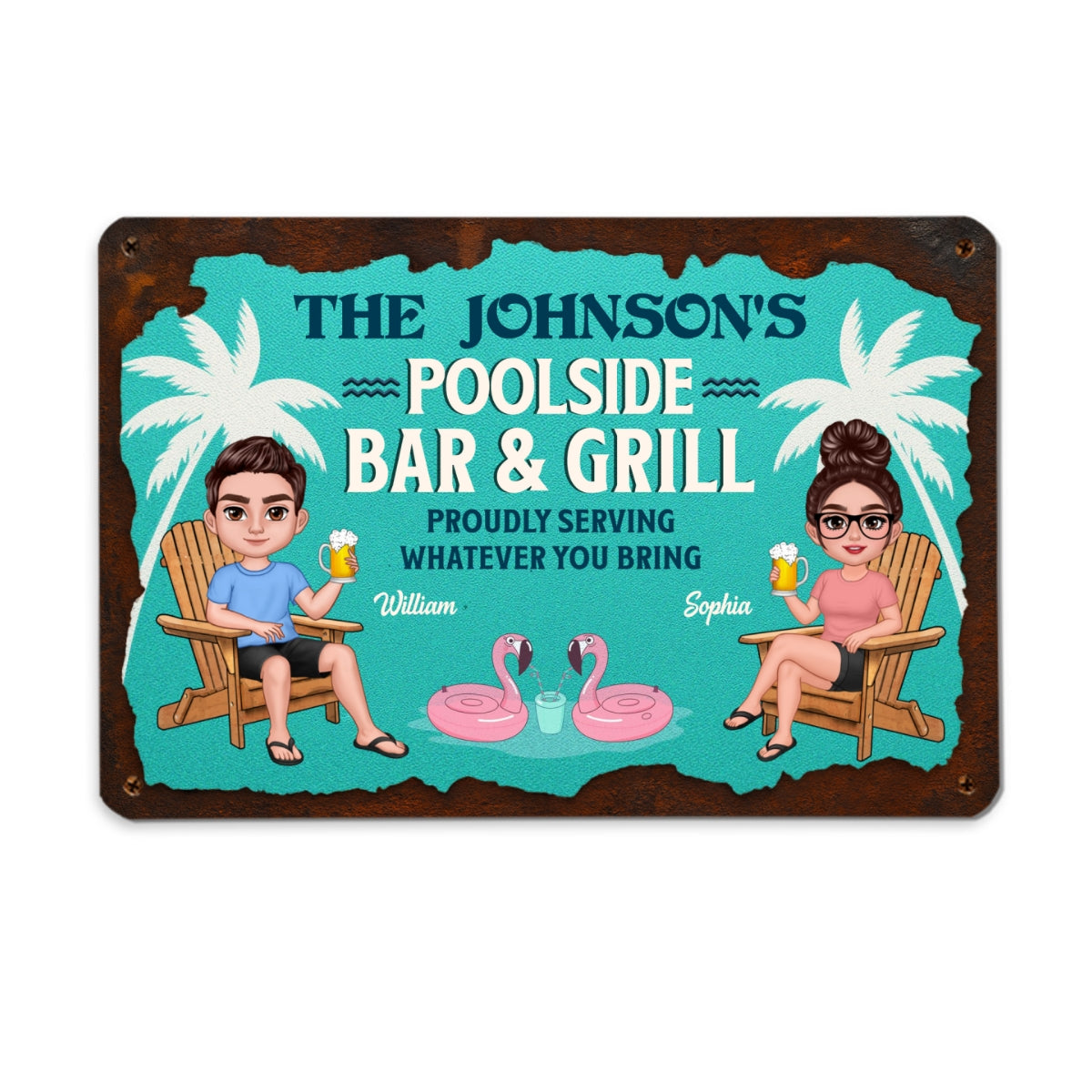 Summer Family Couple Poolside Bar & Grill Teal Color Personalized Metal Sign
