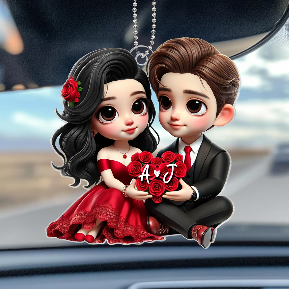Romantic  Couple Roses Personalized Acrylic Car Hanger, Anniversary Gift for him, Gift for her
