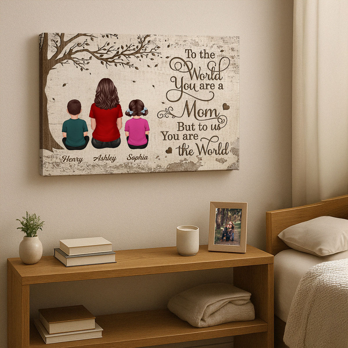 Back View Mom And Kids Dogs Cats Sitting Personalized Wrapped Canvas
